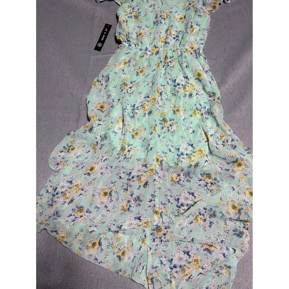As U Wish Juniors Small Green Kentucky Derby Dress Floral High Low Cold Shldr - Picture 5 of 6